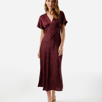 Vestido midi feminino decote v floral acetinado vinho