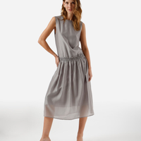 Vestido midi feminino com liocel franzido cinza