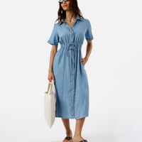 Vestido feminino jeans midi manga curta azul