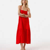 Vestido midi alça fina feminino com viscose e recorte decote quadrado vermelho