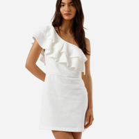 Vestido curto ombro único feminino de sarja com babados off white