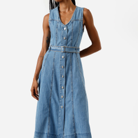 Vestido midi feminino jeans com recortes e cinto azul
