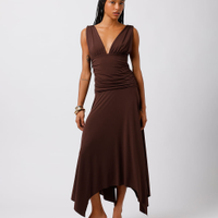 Vestido midi feminino decote v franzido assimétrico mindset marrom