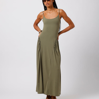 Vestido midi feminino alça fina com franzidos mindset verde