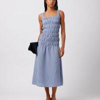 Vestido midi feminino com franzidos decote quadrado xadrez mindset colorido