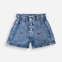 Short infantil clochard jeans bordado cereja azul