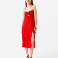 Vestido midi alça fina feminino com linho e fenda vermelho