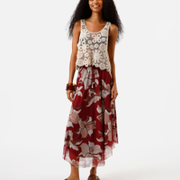 Saia midi de tule floral vinho