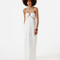 Vestido longo feminino com linho e recortes off white