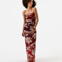 Vestido longo feminino de tule sem alça franzido floral vinho