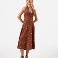 Vestido midi frente única feminino de viscose poá marrom