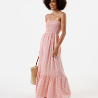 Vestido longo sem alça feminino com viscose listrado vermelho