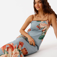 Vestido longo alça fina feminino floral azul