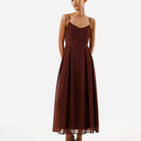 Vestido midi alça fina feminino com pregas vinho