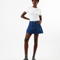 Minissaia feminina jeans cintura alta pregas azul