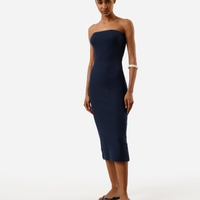 Vestido midi sem alça canelado feminino de algodão azul