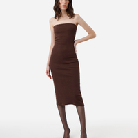 Vestido midi sem alça canelado feminino de algodão marrom