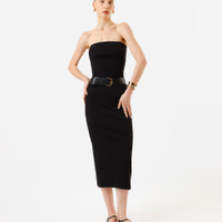 Vestido midi sem alça canelado feminino de algodão preto