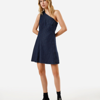 Vestido curto ombro único feminino jeans com recorte azul