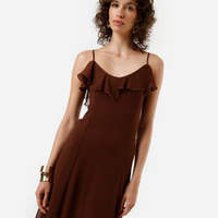 Vestido midi alça fina feminino com babado marrom