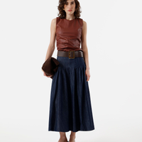 Saia midi feminina jeans com pregas azul