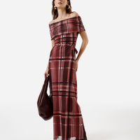 Vestido longo feminino de tule ombro a ombro com franzido xadrez vinho
