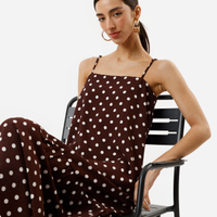Vestido midi alça fina feminino com viscose e recorte poá marrom