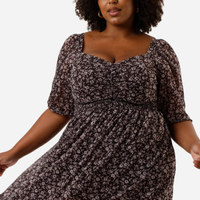 Vestido midi feminino de tule com recorte floral plus size marrom