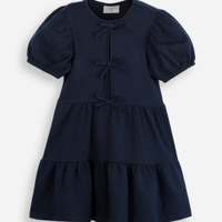 Vestido infantil de algodão com recortes e laços manga bufante azul