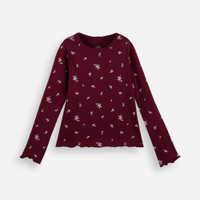 Blusa infantil de algodão manga longa canelada floral vinho