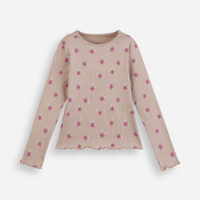 Blusa infantil de algodão manga longa canelada floral marrom