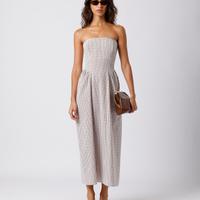 Vestido midi sem alça feminino de algodão xadrez mindset marrom