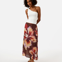 Saia midi feminina cós elástico floral marrom