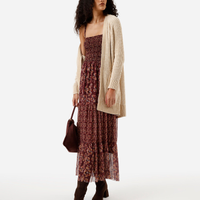 Vestido midi feminino de tule com recortes e franzidos floral vinho