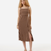 Vestido midi alça fina feminino de viscose com fenda listrado marrom