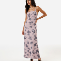 Vestido longo alça fina feminino de tule com franzido floral rosa