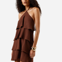 Vestido curto feminino frente única com babados marrom