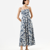 Vestido midi alça fina feminino de algodão com pregas floral off white