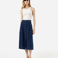 Saia midi evasê feminina jeans com pregas cintura alta azul