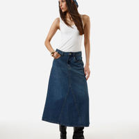 Saia midi evasê feminina jeans com recorte azul