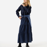 Saia midi feminina jeans com recortes cós elástico azul