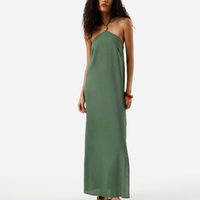 Vestido midi feminino com linho e fenda verde