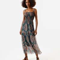 Vestido midi feminino de tule com recortes étnico verde