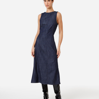 Vestido midi feminino jeans decote redondo azul