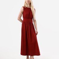 Vestido midi feminino de algodão com recorte franzido vermelho