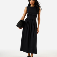 Vestido midi feminino de algodão com recorte franzido azul