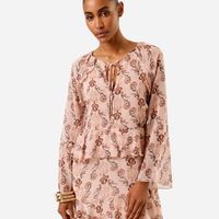 Vestido curto feminino manga longa com babados floral bege