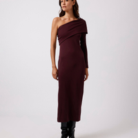 Vestido midi ombro único feminino com viscose manga longa mindset vinho