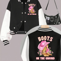 1PCS Autumn Winter Tween Girls Clothes Boots On Da Ground Double Sided Print Short Cropped School Style Girl Baseball Jacket