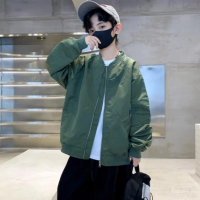2025 Spring Autumn Boys' Baseball Jacket Korean Design Black Round Neck Loose Fit Jacket All Match for Big Kids